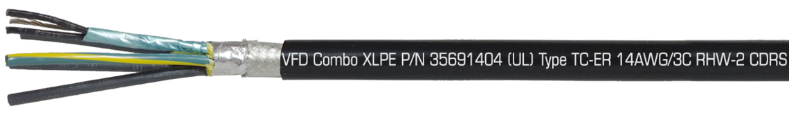 Ejemplo de marcatura: SAB NORTH AMERICA VFD Combo XLPE P/N 35691404 (UL) Type TC-ER 14AWG/3C RHW-2 CDRS + GNDG CDR + 14AWG/1PR 90C Dry/Wet 600V,  Oil Res I & II, Sunlight Resistant, Direct Burial, (UL) WTTC 1000V, (UL) Flexible Motor Supply Cable, c(UL) CIC-TC XLPE 600V FT4, CSA AWM I/II A/B 90C 1000V FT4 RoHS CE