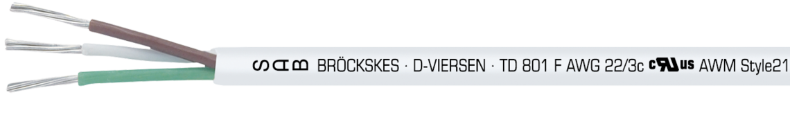 Ejemplo de marcación por TD 801 F 38010322:
SAB BRÖCKSKES · D-VIERSEN · TD 801 F AWG 22/3c cULus AWM Style 21618 I/II A/B 150°C 600V FT1 FT2  3801-0322  CE