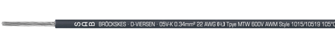 Ejemplo de marcación por 05V-K/MTW/TEW 31660134: SAB BRÖCKSKES · D-VIERSEN · 05V-K 0.34mm² 22 AWG (UL) Type MTW 600V AWM Style 1015/10519 105°C 600V CSA Type TEW 105°C 600V FT1 CE