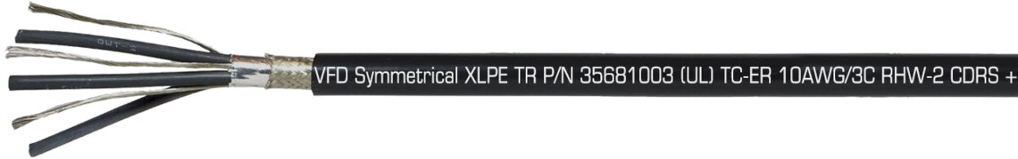 Ejemplo de marcatura: SAB NORTH AMERICA VFD Symmetrical XLPE TR P/N 35681003 (UL) TC-ER 10AWG/3C RHW-2 CDRS + 3 x 14 AWG GNDS 90C Dry/Wet, Oil Resistant I/II, Sunlight Resistant, Direct Burial, (UL) WTTC 1000V, (UL) Flexible Motor Supply Cable, c(UL) CIC-TC XLPE 600V FT4, CSA AWM I/II A/B 90C 1000V FT4 RoHS CE