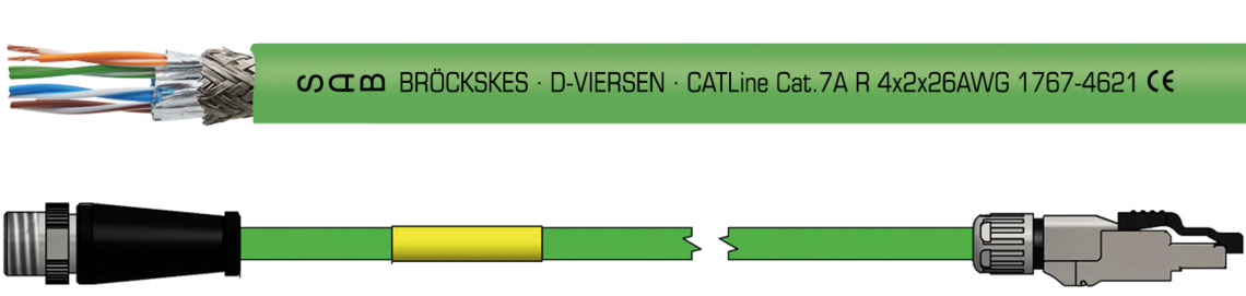 Ejemplo de marcación por CATLine CAT 7A R 17674621: SAB BRÖCKSKES • D-VIERSEN • CATLine Cat.7A R 4x2x26AWG 1767-4621 CE