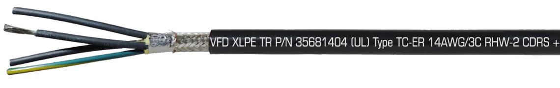 Ejemplo de marcatura: SAB NORTH AMERICA VFD XLPE TR P/N 35681404 (UL) Type TC-ER 14AWG/3C RHW-2 CDRS + GNDG CDR 90C Dry/Wet 600V, Oil Res I & II, Sunlight Resistant, Direct Burial, (UL) WTTC 1000V, (UL) Flexible Motor Supply Cable, c(UL) CIC-TC XLPE 600V FT4, CSA AWM I/II A/B 90C 1000V FT4 RoHS CE